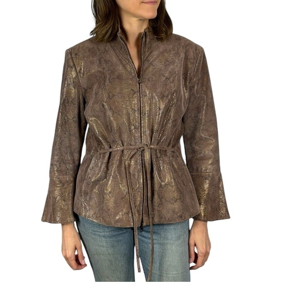 MARVIN RICHARDS CINCHED WAIST BELL SLEEVE METALLIC SNAKE PRINT LEATHER JACKET
